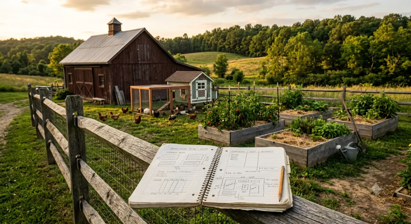 Small American homestead with barn, chicken coop, and raised garden beds at golden hour, illustrating the cost of starting a homestead