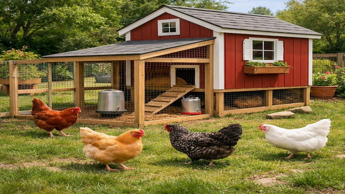 Backyard chicken coop with hens in a fenced grassy run under sunlight.