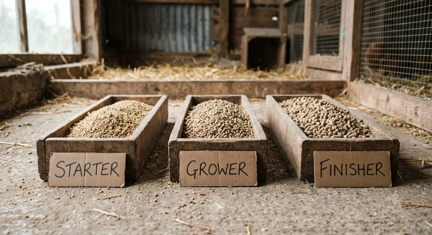 Starter, grower, and finisher poultry feed types compared