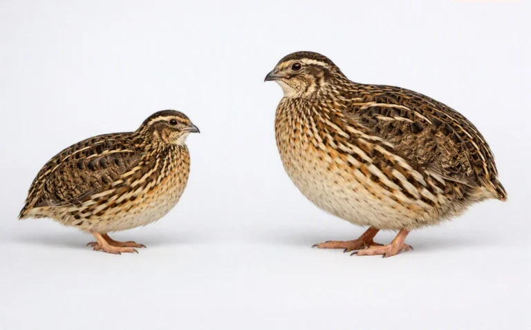 Two Coturnix quail standing side by side on a light gray background — a smaller Standard Coturnix on the left and a larger Jumbo Coturnix on the right, both in profile showing clear size difference.