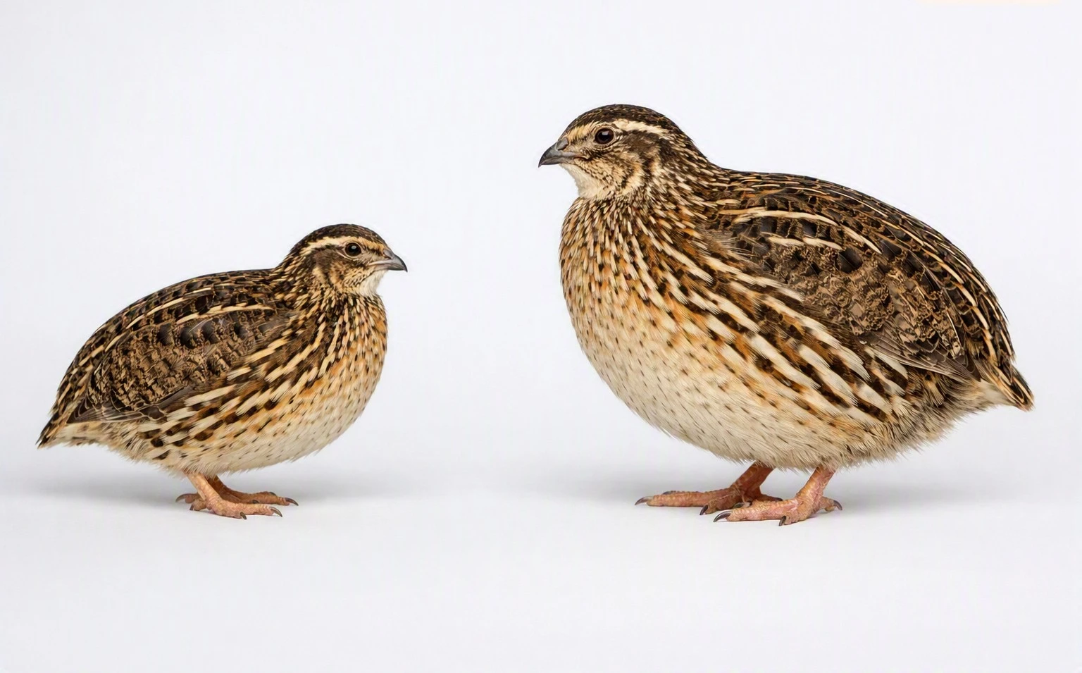 Two Coturnix quail standing side by side on a light gray background — a smaller Standard Coturnix on the left and a larger Jumbo Coturnix on the right, both in profile showing clear size difference.
