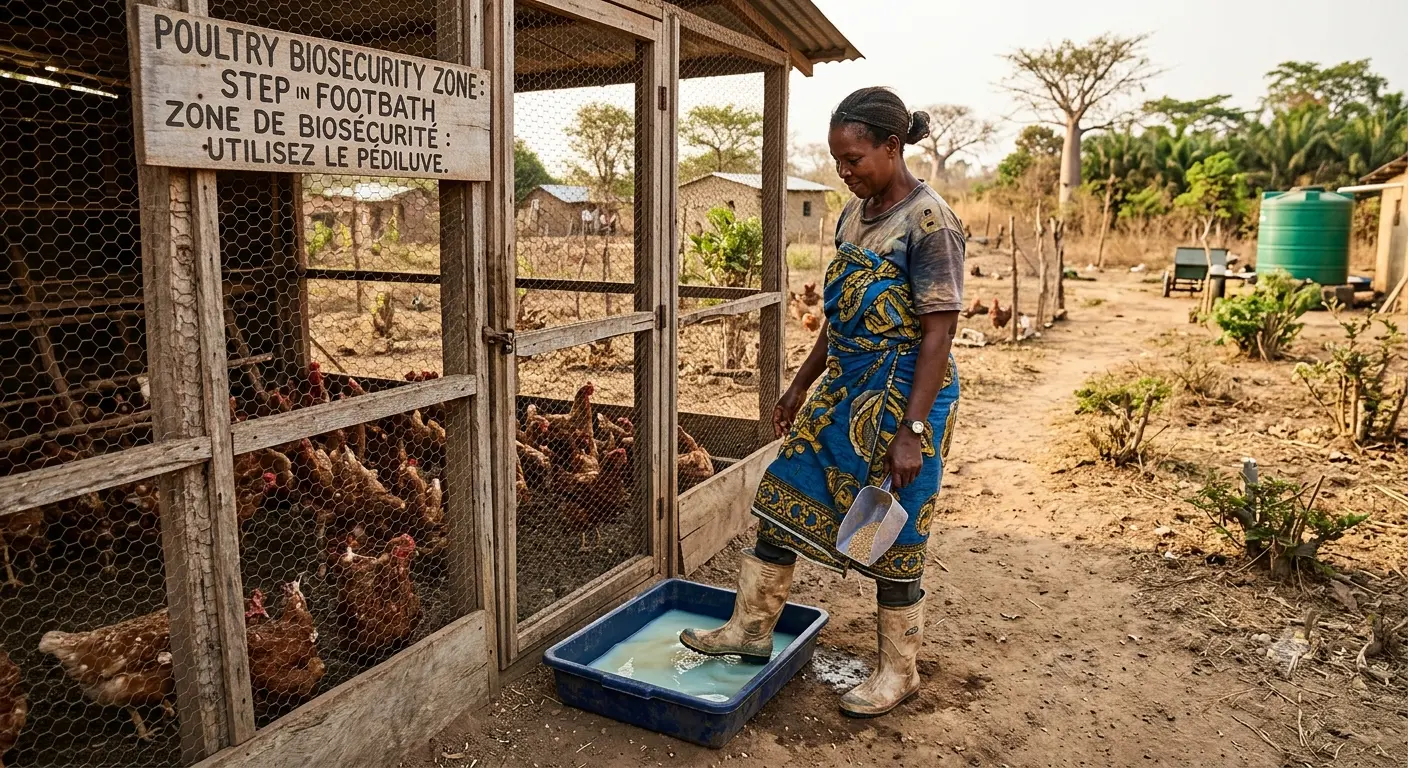 Farmer using a disinfectant footbath before entering a poultry house