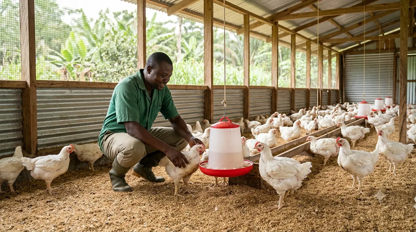 Beginner farmer inspecting broiler chickens in a poultry house