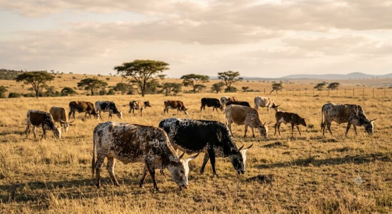 Nguni cattle with multicolored coats grazing on open African savanna grassland