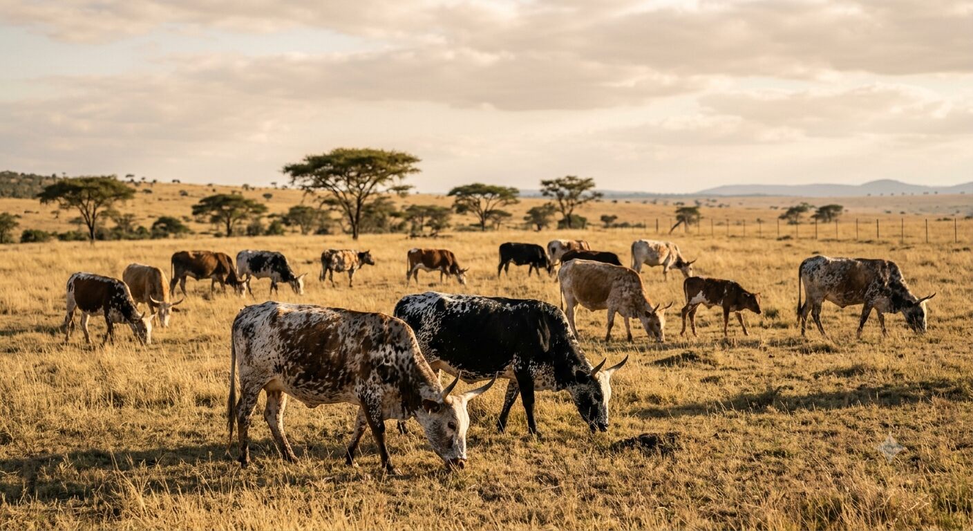 Nguni cattle with multicolored coats grazing on open African savanna grassland