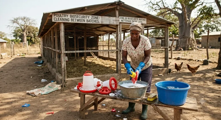 Farmer cleaning poultry feeders and drinkers as part of a biosecurity routine