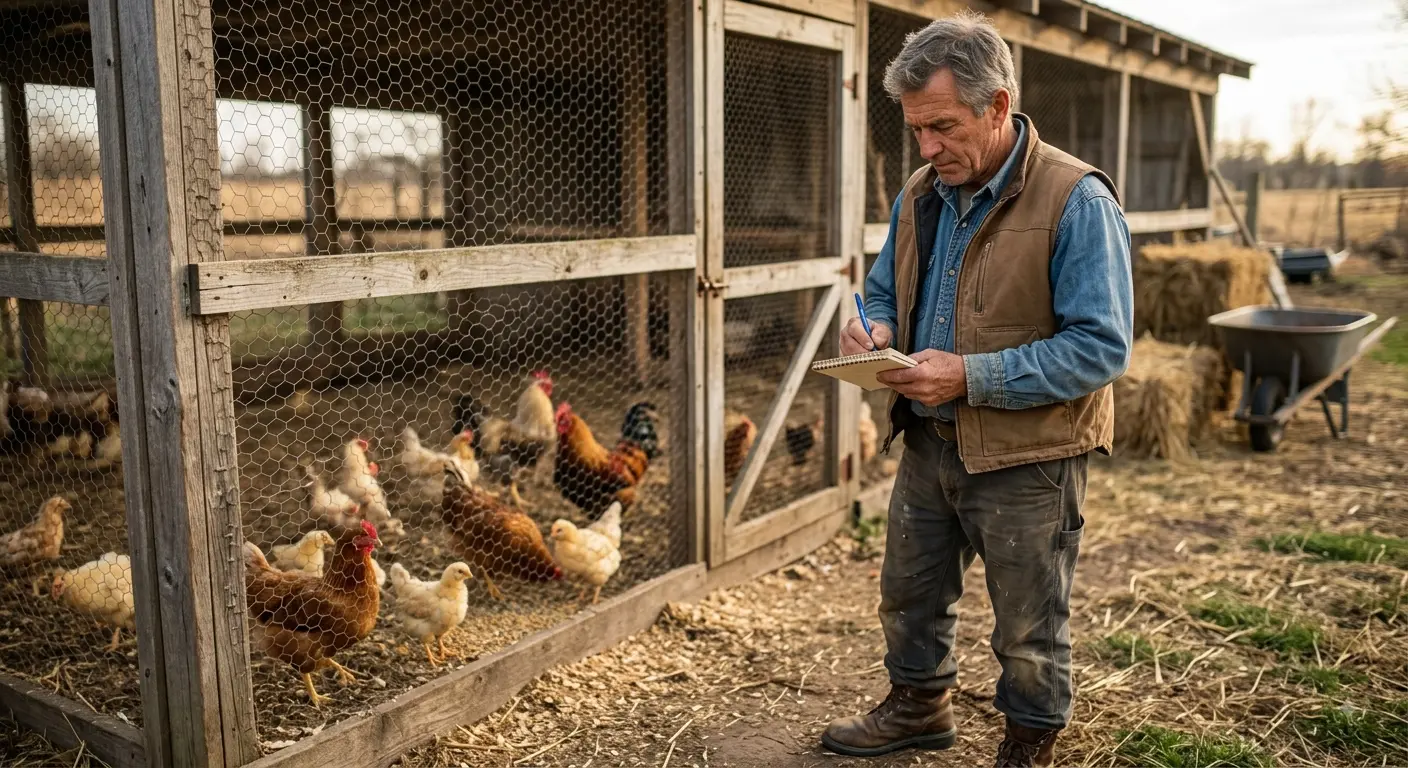 Farmer writing farm records near a poultry coop