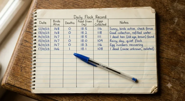 Close-up of a printed daily flock record template with handwritten entries and a pen