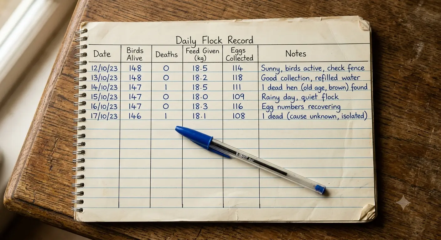 Close-up of a printed daily flock record template with handwritten entries and a pen