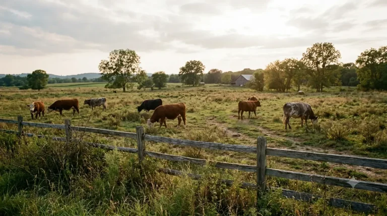 Small cattle farm with fenced grazing paddock for beginner farmers