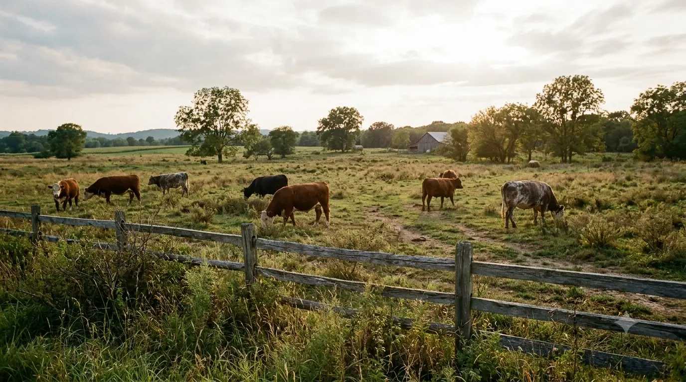 Small cattle farm with fenced grazing paddock for beginner farmers