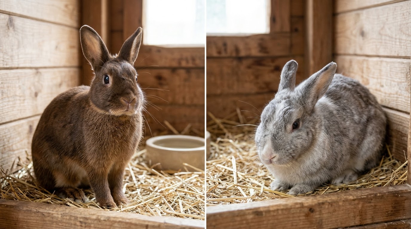 Healthy rabbit beside a resting rabbit showing early signs of illness in a clean hutch