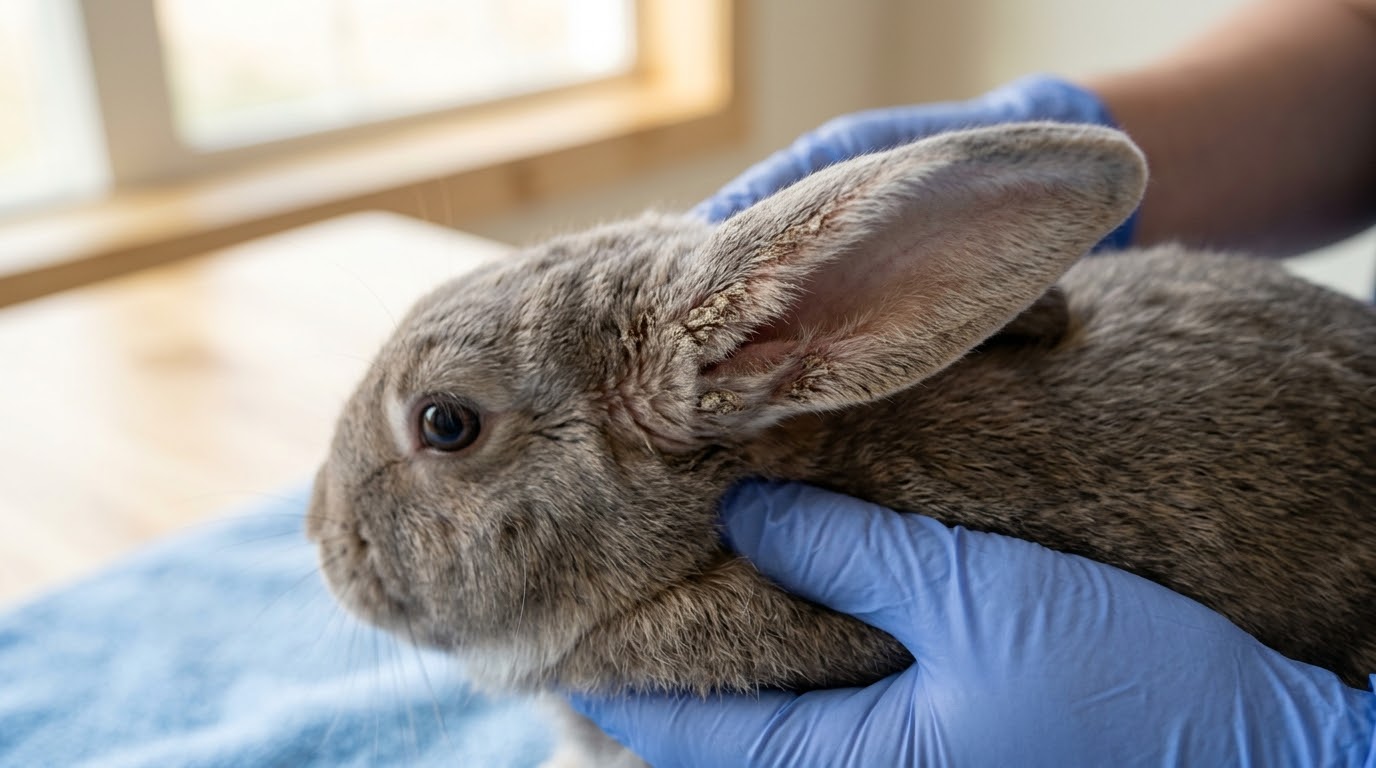 Rabbit ear showing crusty brown scabs along the inner margin caused by ear mites